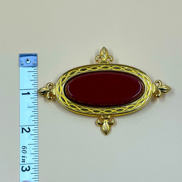 Vintage Monet Signed Gold and Burgundy Fleur De Lis Chunky Brooch - Picture 7 of 7